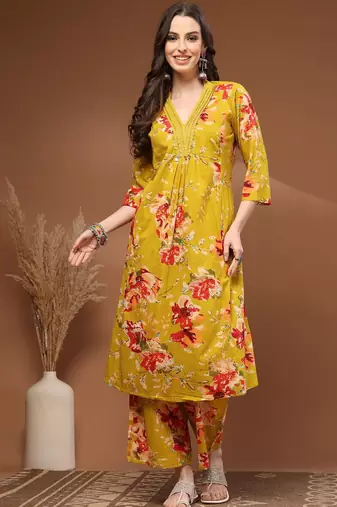 Womens yellow self design cotton fabric kurta set 3/4 sleeves v-neck