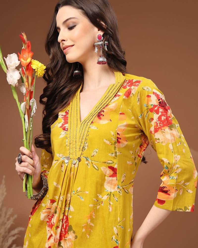Womens yellow self design cotton fabric kurta set 3/4 sleeves v-neck