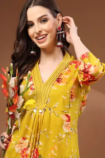 Womens yellow self design cotton fabric kurta set 3/4 sleeves v-neck