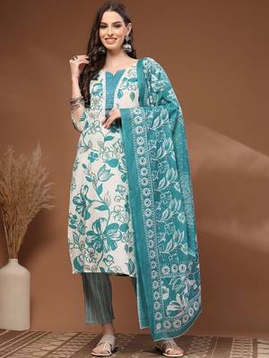 Womens off white self design cotton fabric kurta set 3/4 sleeves round neck 1