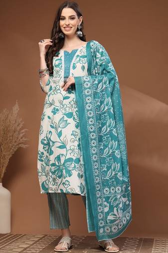 Womens off white self design cotton fabric kurta set 3/4 sleeves round neck