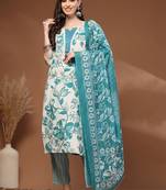 Womens off white self design cotton fabric kurta set 3/4 sleeves round neck
