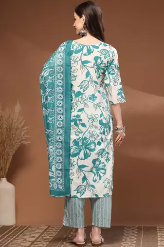 Womens off white self design cotton fabric kurta set 3/4 sleeves round neck