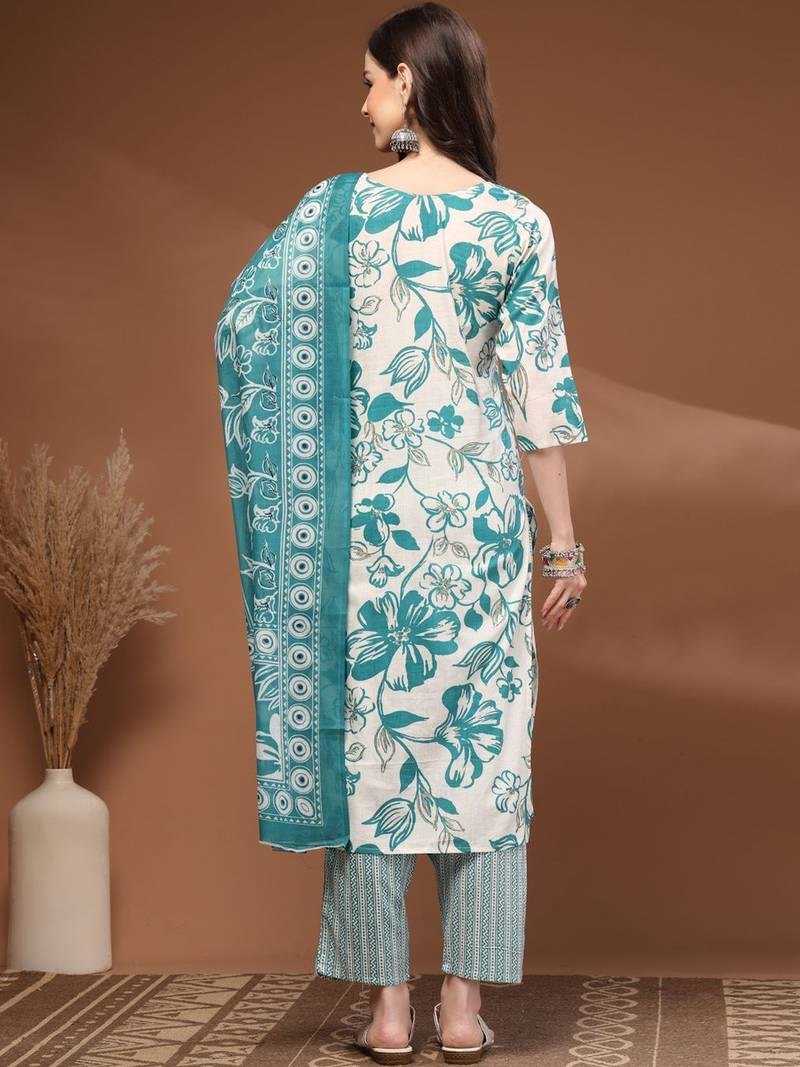 Womens off white self design cotton fabric kurta set 3/4 sleeves round neck