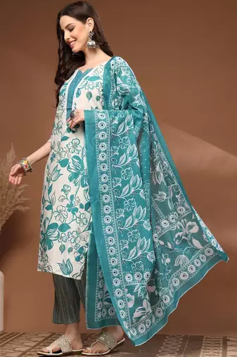 Womens off white self design cotton fabric kurta set 3/4 sleeves round neck