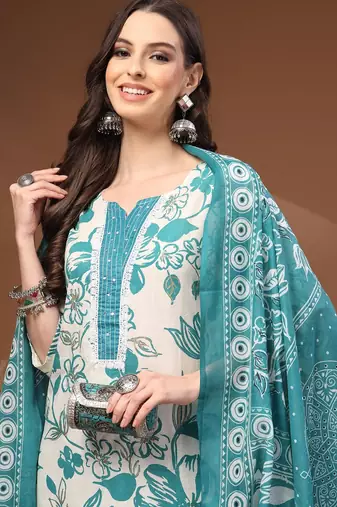 Womens off white self design cotton fabric kurta set 3/4 sleeves round neck