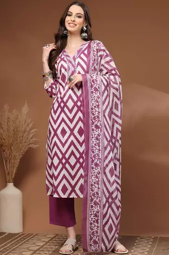 Womens purple self design cotton fabric kurta set 3/4 sleeves v-neck