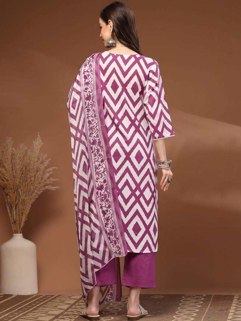 Womens purple self design cotton fabric kurta set 3/4 sleeves v-neck