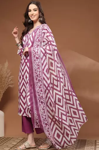 Womens purple self design cotton fabric kurta set 3/4 sleeves v-neck