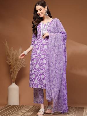 Womens purple self design cotton fabric kurta set 3/4 sleeves round neck 1