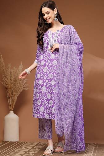 Womens purple self design cotton fabric kurta set 3/4 sleeves round neck