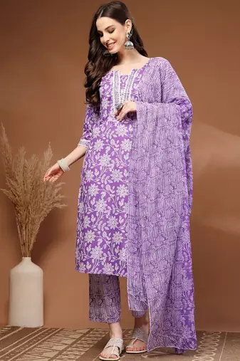 Womens purple self design cotton fabric kurta set 3/4 sleeves round neck
