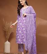 Womens purple self design cotton fabric kurta set 3/4 sleeves round neck