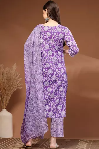 Womens purple self design cotton fabric kurta set 3/4 sleeves round neck