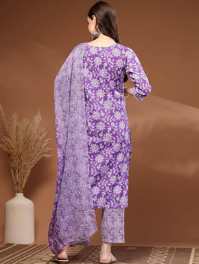 Womens purple self design cotton fabric kurta set 3/4 sleeves round neck