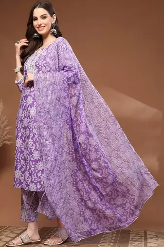 Womens purple self design cotton fabric kurta set 3/4 sleeves round neck
