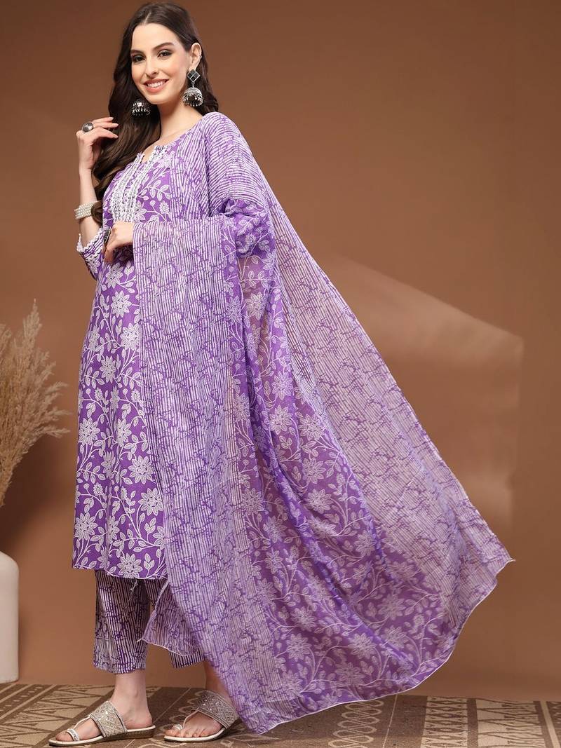 Womens purple self design cotton fabric kurta set 3/4 sleeves round neck