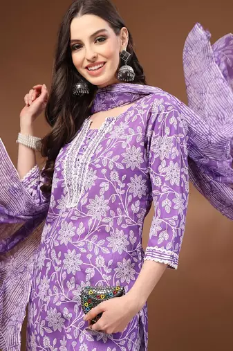 Womens purple self design cotton fabric kurta set 3/4 sleeves round neck