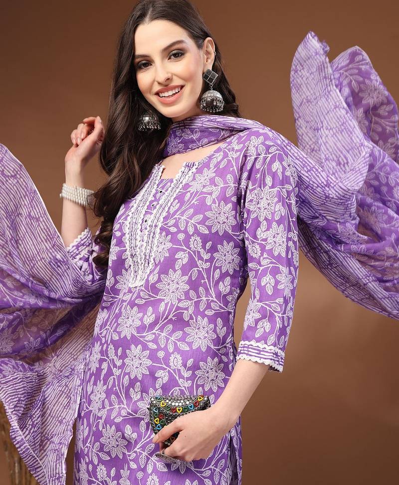 Womens purple self design cotton fabric kurta set 3/4 sleeves round neck