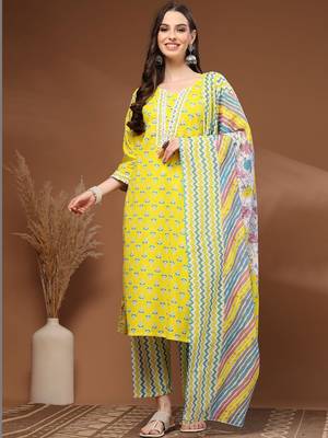 Womens yellow self design cotton fabric kurta set 3/4 sleeves round neck 1