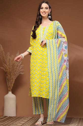 Womens yellow self design cotton fabric kurta set 3/4 sleeves round neck