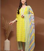 Womens yellow self design cotton fabric kurta set 3/4 sleeves round neck