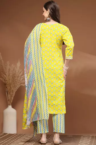 Womens yellow self design cotton fabric kurta set 3/4 sleeves round neck