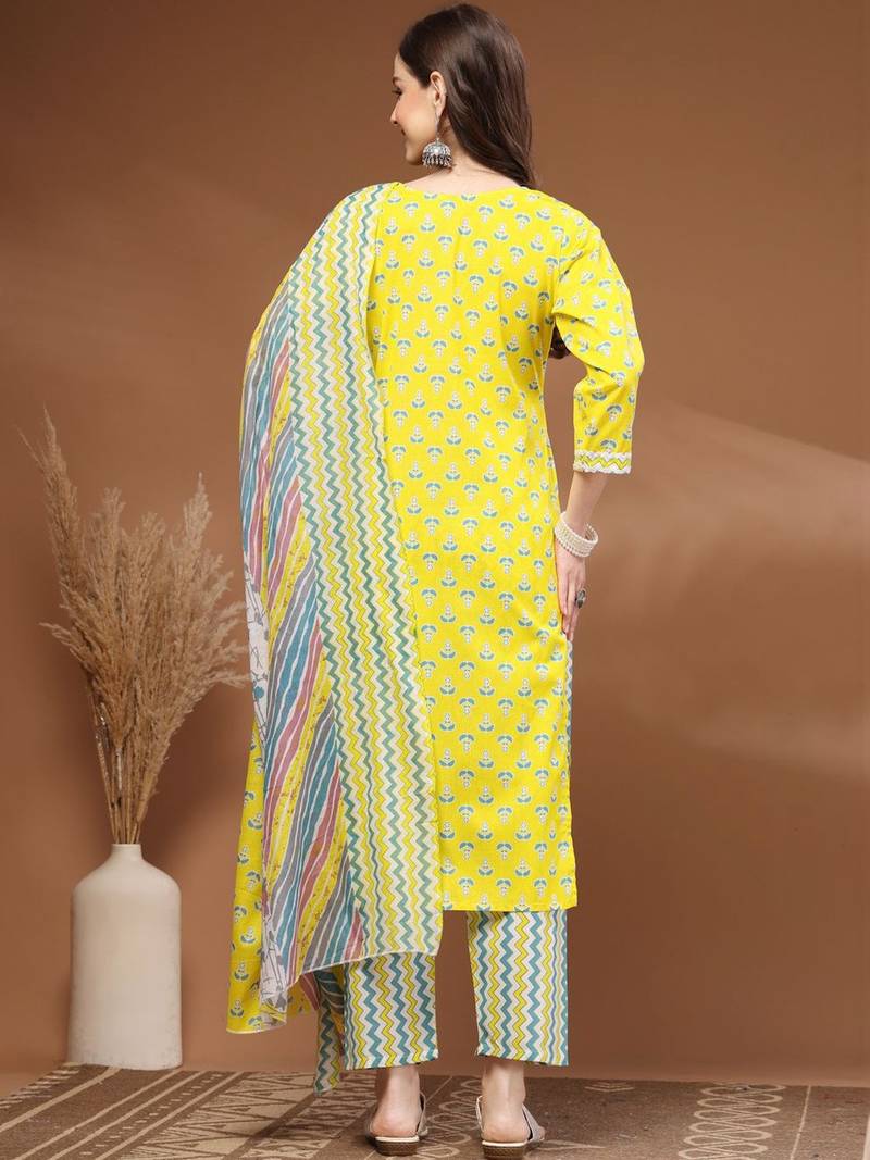 Womens yellow self design cotton fabric kurta set 3/4 sleeves round neck