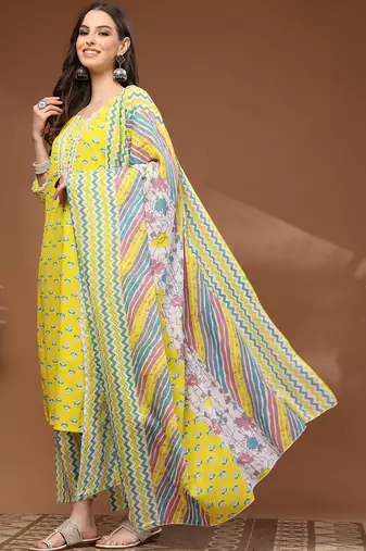 Womens yellow self design cotton fabric kurta set 3/4 sleeves round neck