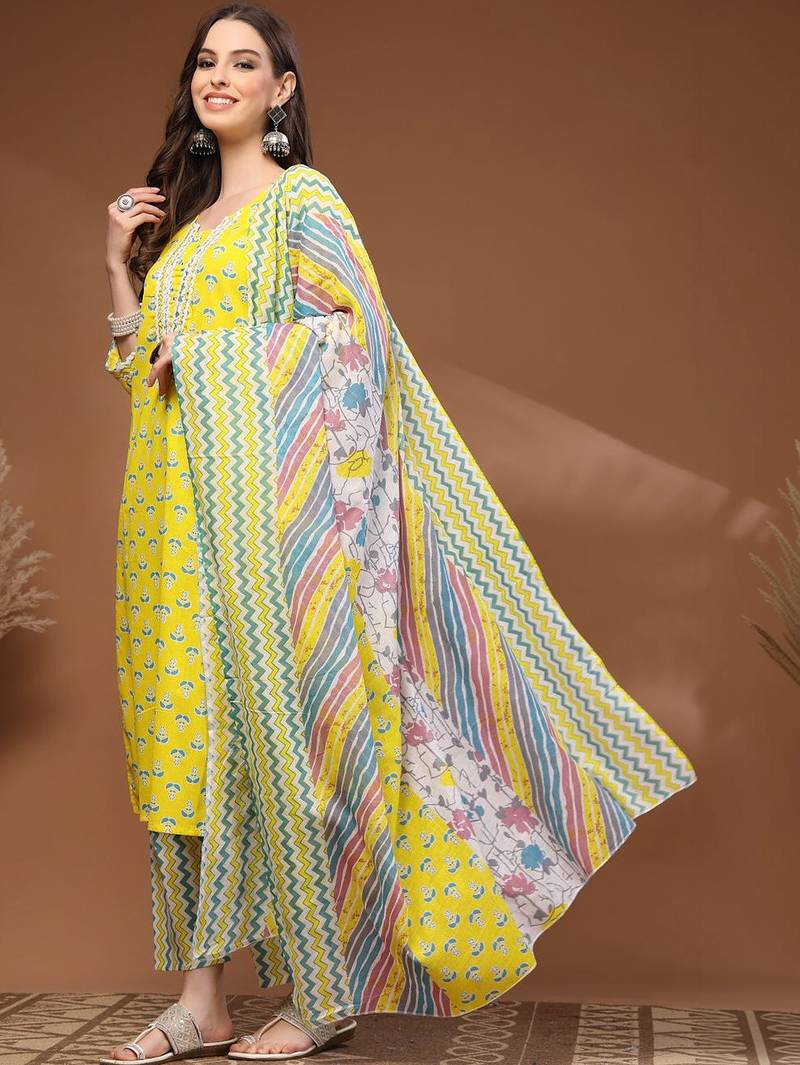 Womens yellow self design cotton fabric kurta set 3/4 sleeves round neck