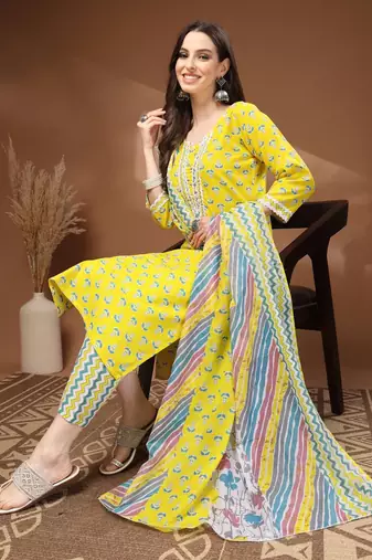 Womens yellow self design cotton fabric kurta set 3/4 sleeves round neck