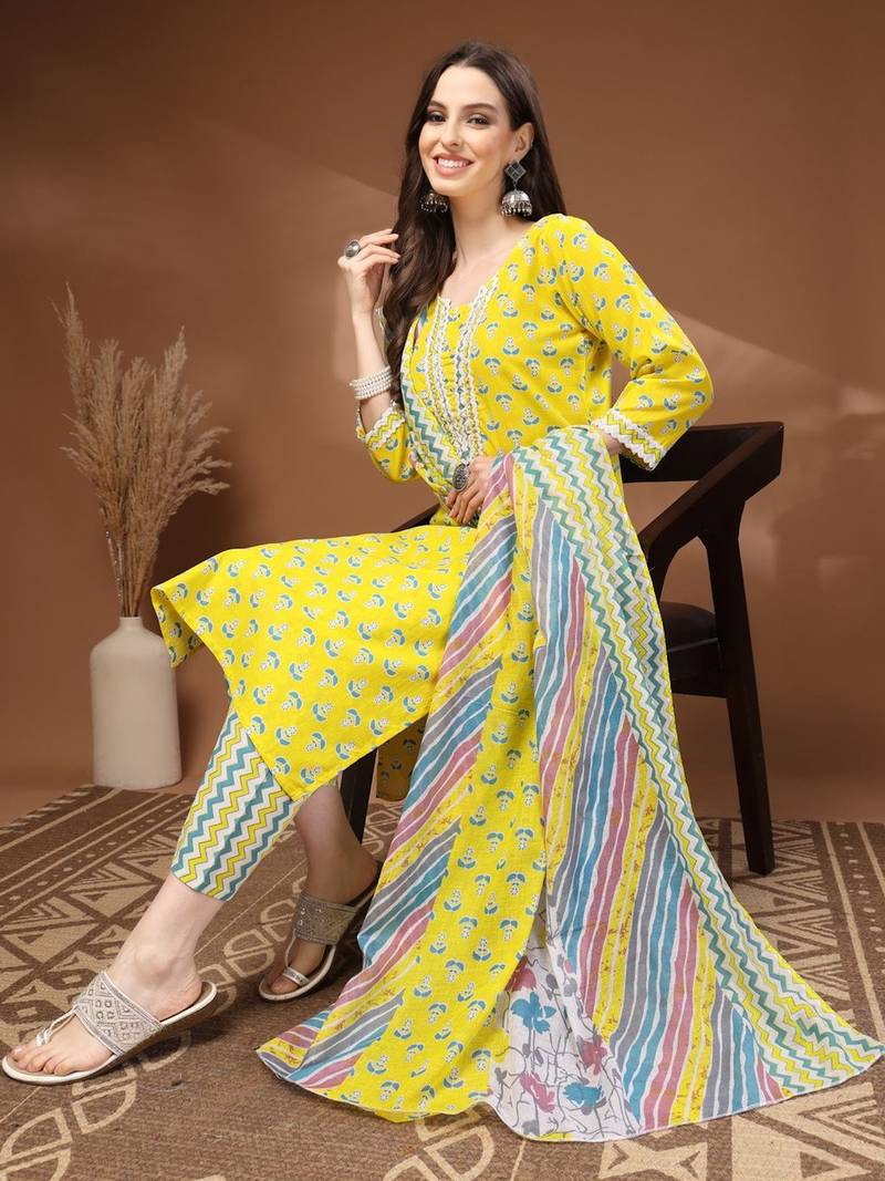Womens yellow self design cotton fabric kurta set 3/4 sleeves round neck