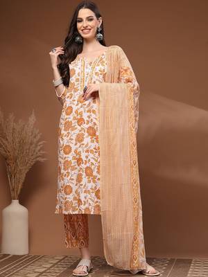 Womens mustard self design cotton fabric kurta set 3/4 sleeves round neck 1