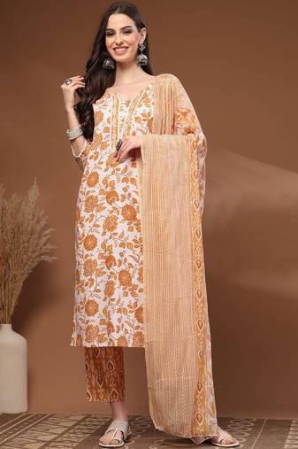 Womens mustard self design cotton fabric kurta set 3/4 sleeves round neck