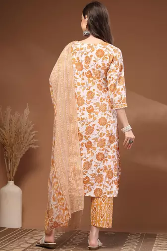 Womens mustard self design cotton fabric kurta set 3/4 sleeves round neck