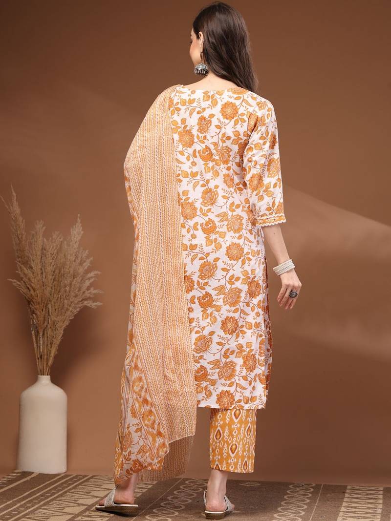 Womens mustard self design cotton fabric kurta set 3/4 sleeves round neck