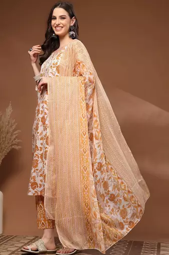 Womens mustard self design cotton fabric kurta set 3/4 sleeves round neck