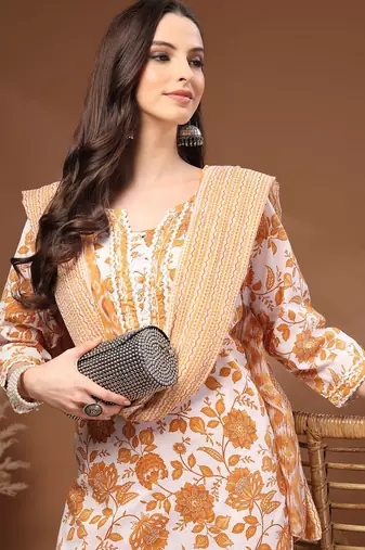 Womens mustard self design cotton fabric kurta set 3/4 sleeves round neck