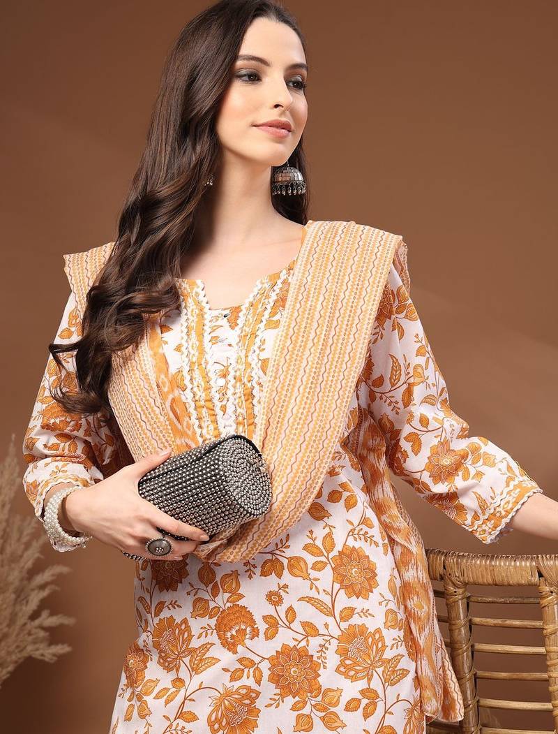 Womens mustard self design cotton fabric kurta set 3/4 sleeves round neck