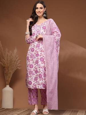 Womens white self design cotton fabric kurta set 3/4 sleeves round neck 1