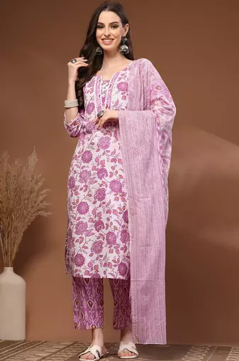 Womens white self design cotton fabric kurta set 3/4 sleeves round neck