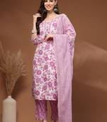 Womens white self design cotton fabric kurta set 3/4 sleeves round neck