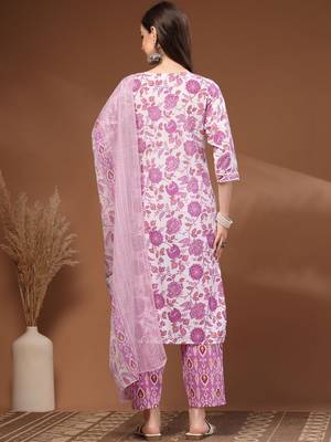 Womens white self design cotton fabric kurta set 3/4 sleeves round neck 2
