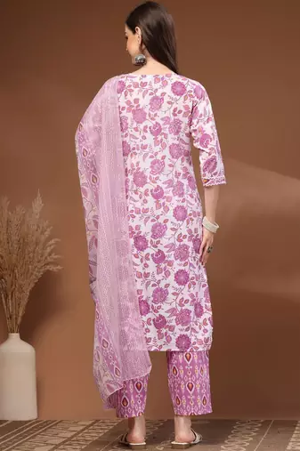 Womens white self design cotton fabric kurta set 3/4 sleeves round neck