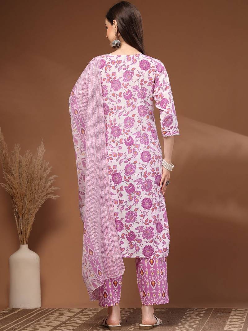 Womens white self design cotton fabric kurta set 3/4 sleeves round neck