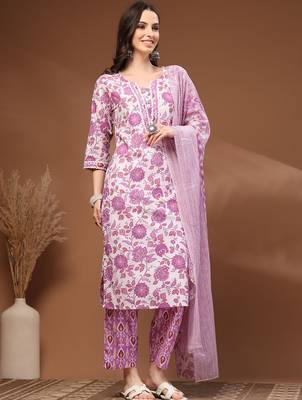 Womens white self design cotton fabric kurta set 3/4 sleeves round neck 3