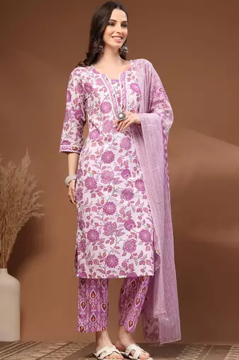 Womens white self design cotton fabric kurta set 3/4 sleeves round neck