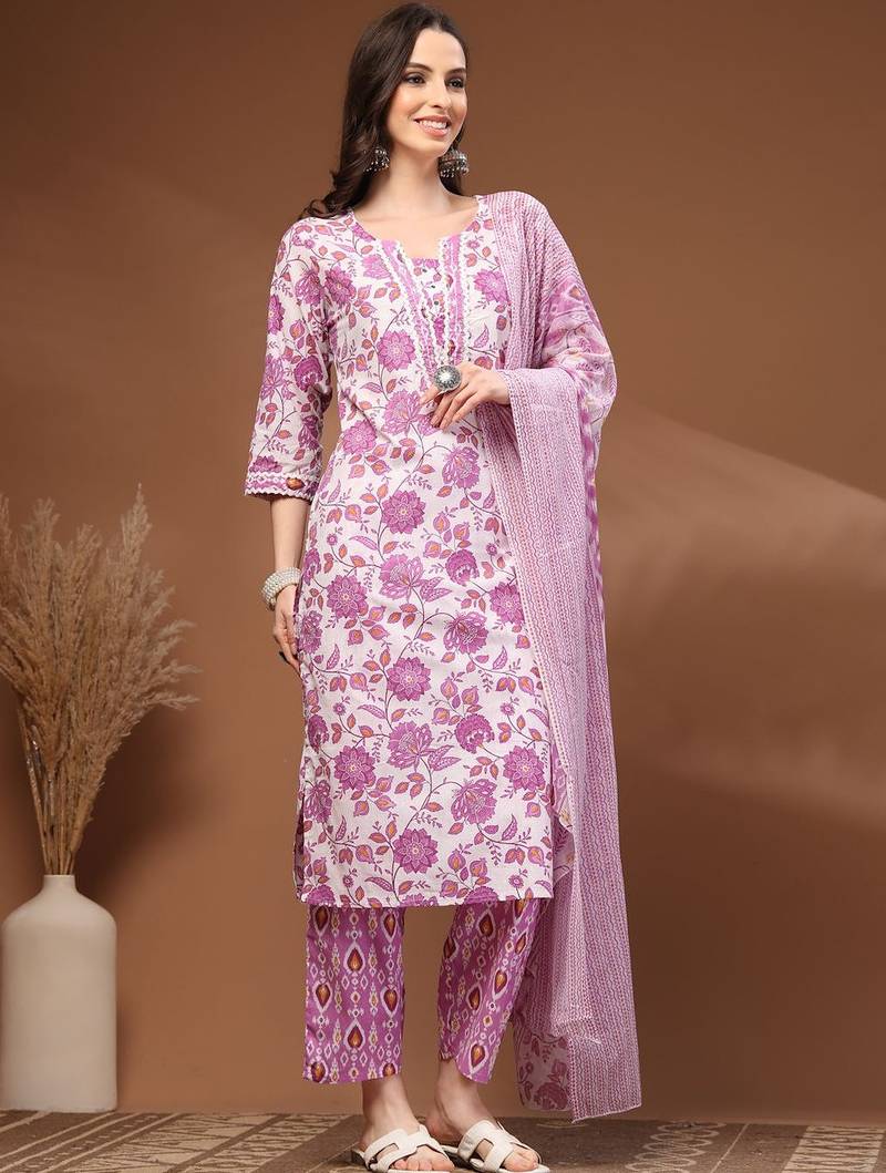Womens white self design cotton fabric kurta set 3/4 sleeves round neck