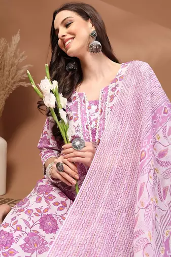 Womens white self design cotton fabric kurta set 3/4 sleeves round neck