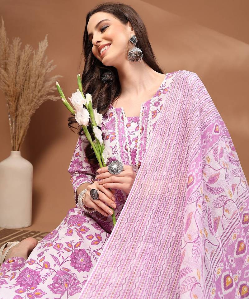 Womens white self design cotton fabric kurta set 3/4 sleeves round neck